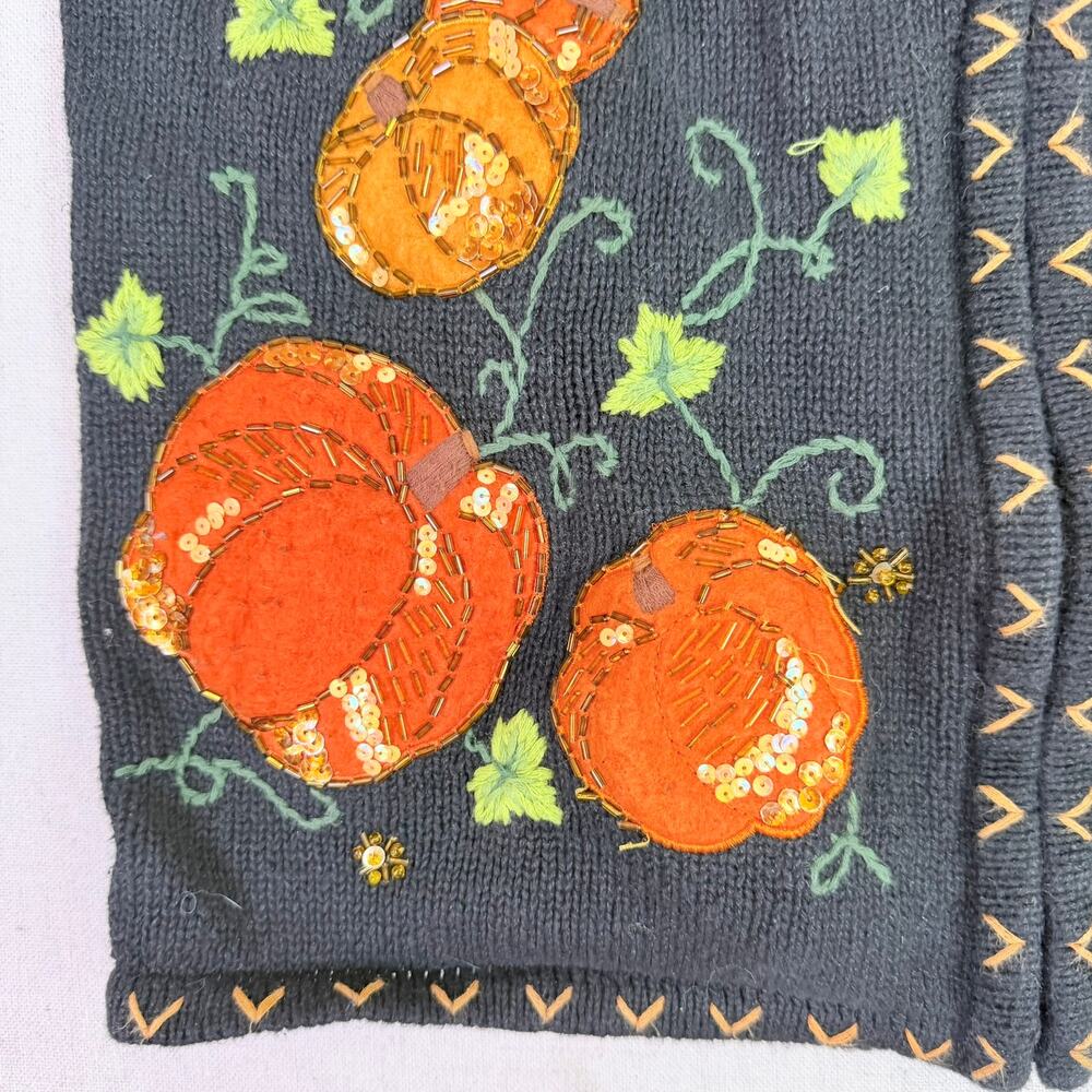 Vintage 90s Halloween Pumpkin Embroidered Beaded Sweater Vest Womens M Zip Front - Picture 10 of 14